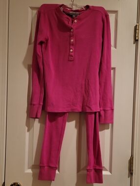 J. Crew Waffle Knit Thermal 2 Piece Pajama Set Pink Small